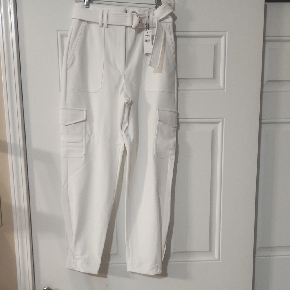 Express Super High Rise Belted White Cargo Pants NWT